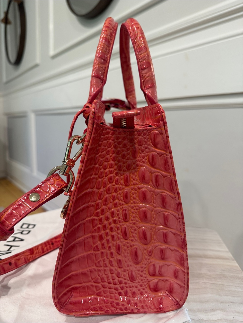 Brahmin Bag Cami Coral Snapdragon Melbourne Croc Leather Satchel Tote Crossbody - Picture 6 of 17